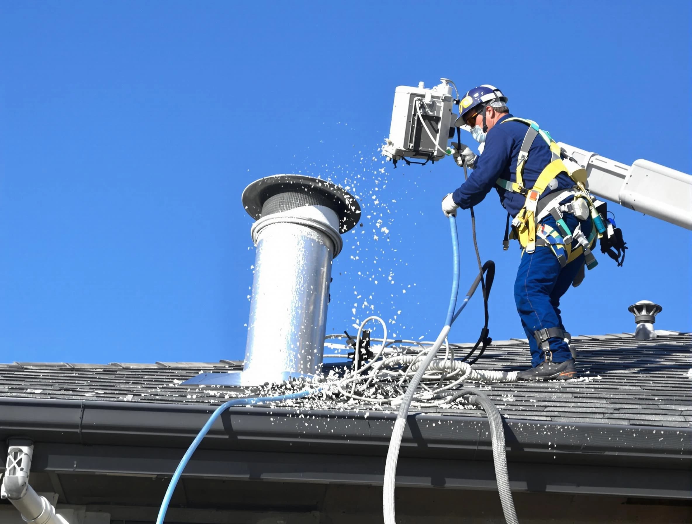 Pell City Dryer Vent Cleaning certified technician safely cleaning a roof-mounted dryer vent in Pell City