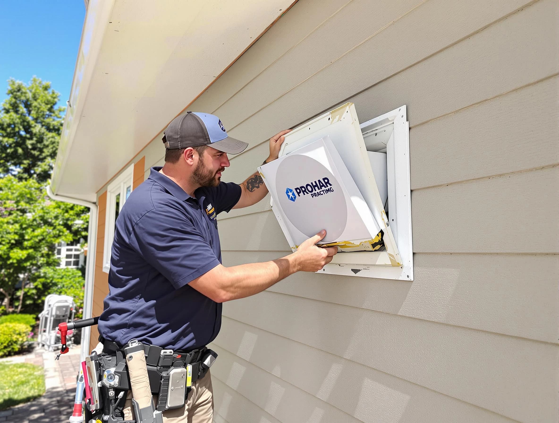 Pell City Dryer Vent Cleaning technician installing a new protective dryer vent cover on a home in Pell City