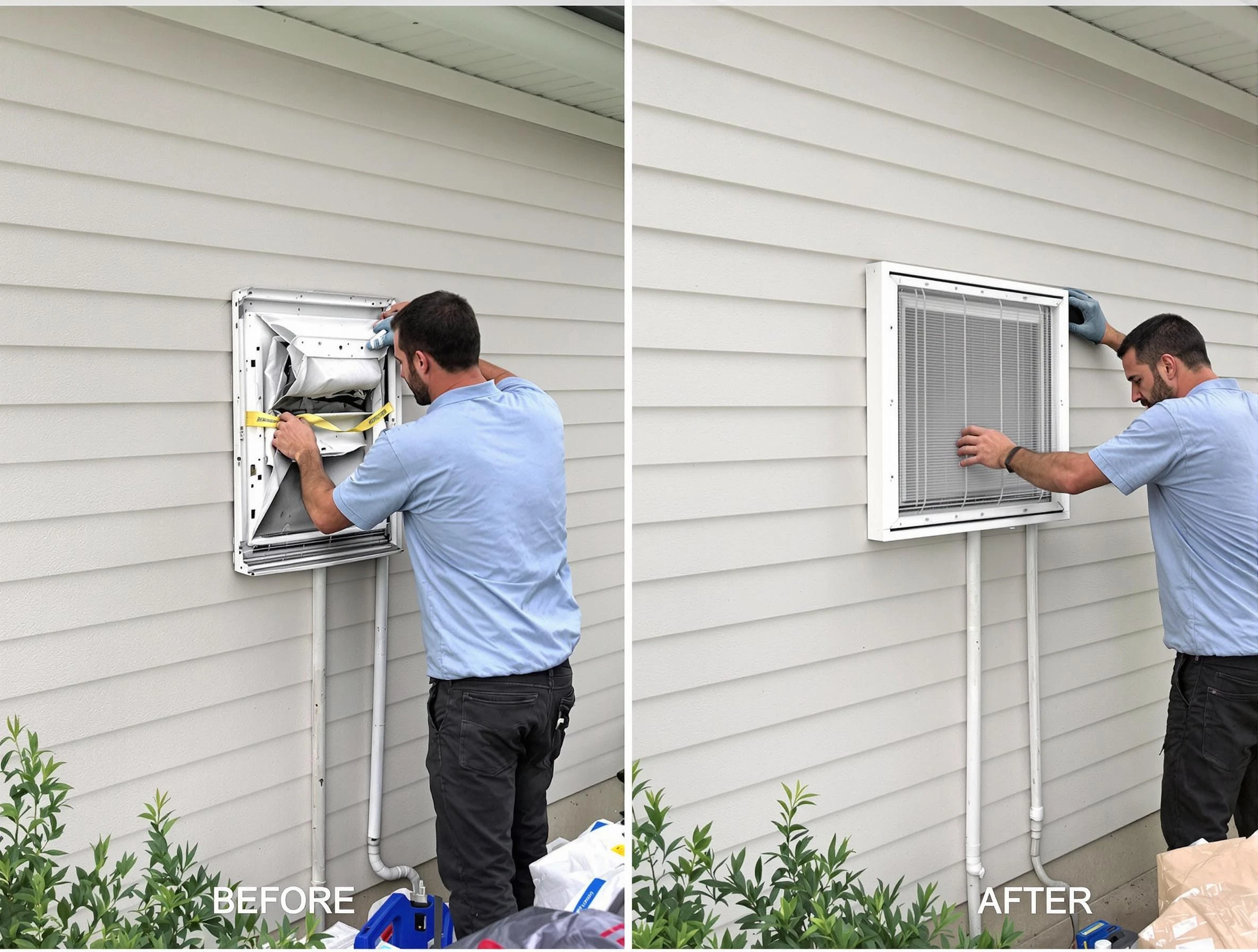 Pell City Dryer Vent Cleaning technician installing high-quality dryer vent cover at a residential property in Pell City